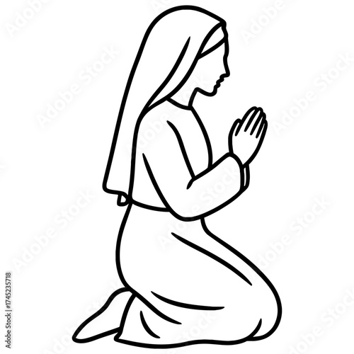 Kneeling woman in robe praying, clasped hands line art, black outline on white