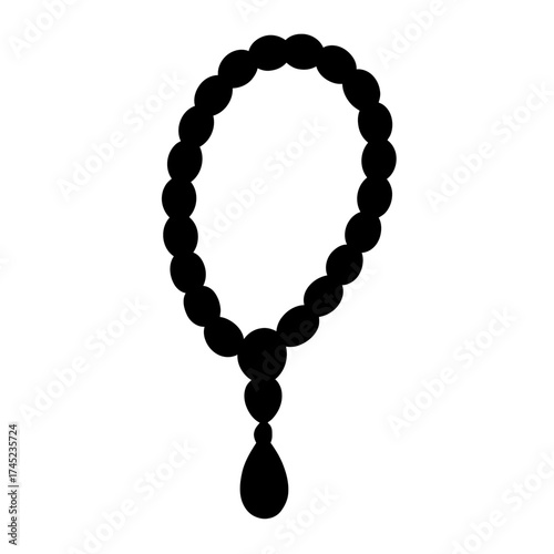 Prayer beads silhouette with tassel, rosary misbaha tasbih icon, black on white