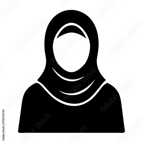 Muslim woman silhouette in hijab headscarf, black icon on white background