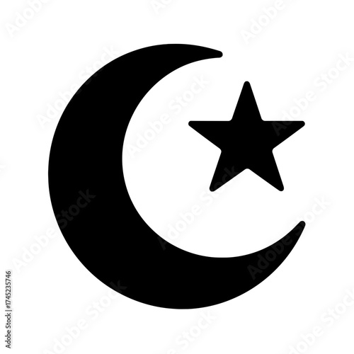 Crescent moon and star silhouette, Islamic faith symbol, black on white background