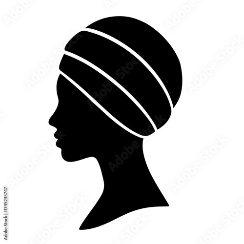 Female profile silhouette wearing headwrap turban, elegant black on white background