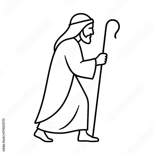 Shepherd line art walking with crook staff, robed figure outline on white
