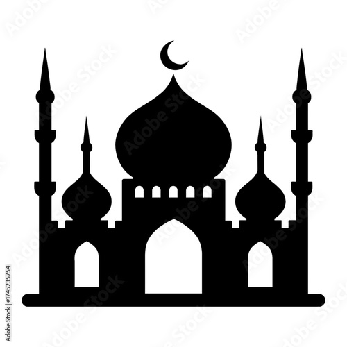 Mosque silhouette with domes, minarets and crescent moon, black on white