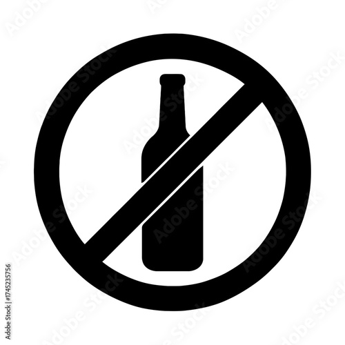 No alcohol sign with bottle crossed out inside prohibition circle, black icon