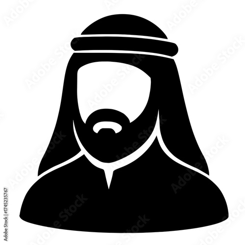 Arab man silhouette with keffiyeh and agal, bearded profile, black icon