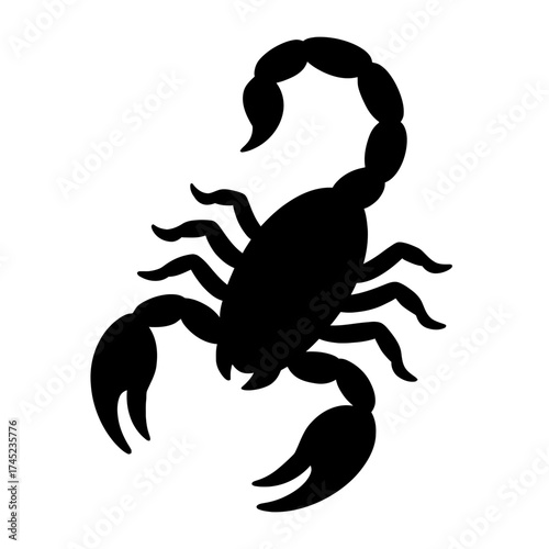 Scorpion silhouette with raised stinger and claws, black on white icon