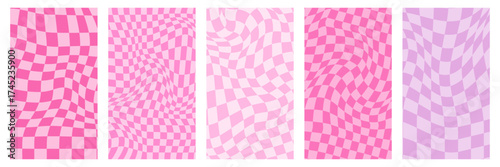 Set of distorted psychedelic checkerboard patterns in pink and purple. Wavy warped grid backgrounds. Groovy retro 70s optical illusion vector design for posters, fashion, and digital art