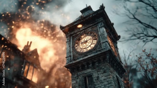 Old clock tower against a dramatic sky and surrounding building