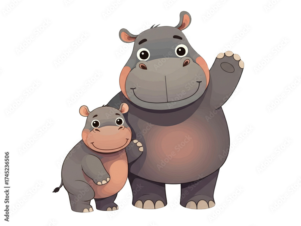 Fototapeta premium Happy cartoon hippos waving in a cheerful setting