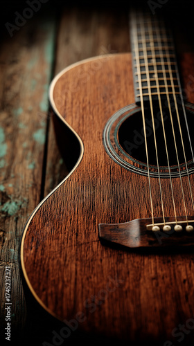 Close-Up of Classic Acoustic Guitar with Detailed Wood Texture and Soft Natural Lighting