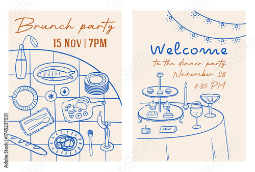 Trendy posters with sketch illustrations of laid tables. Whimsical brunch invitation in blue and orange colors. Elegant dinner party aesthetic. Minimalistic vector cards