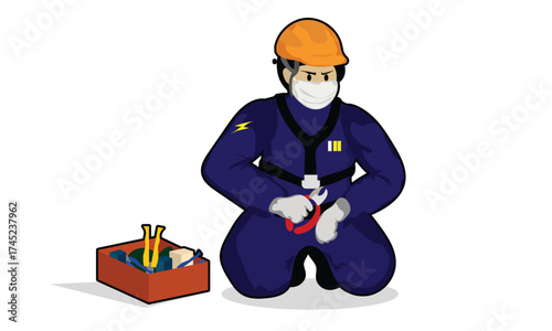 Vector illustration of a professional electrical worker wearing a safety helmet and uniform, symbolizing power maintenance and workplace safety.