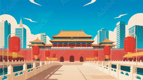 Illustration Of The Forbidden City With Red Lanterns And Ancient Architecture Vector Design Template