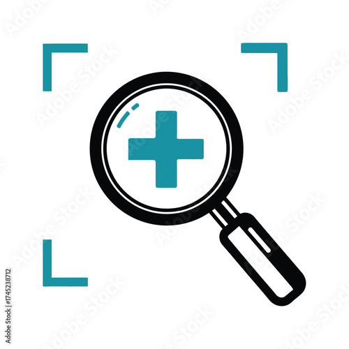 Magnifying glass focusing on a blue plus sign inside targeting brackets graphic element vector