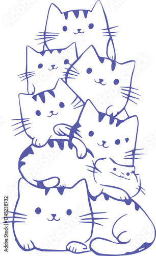 Charming, happy cat pile line drawing with a playful, kawaii aesthetic. Ideal for children's merchandise, coloring pages, pet-themed logos, or any design needing cute, stacked felines.