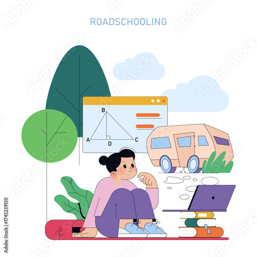 Roadschooling Vector Illustration with Student and Laptop
