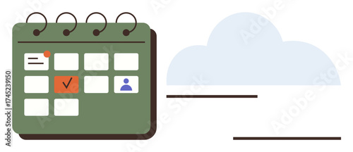 Spiral-bound calendar with marked entries, checkmarks, and user icons beside a cloud. Ideal for scheduling, time management, productivity, collaboration, digital planning, organization task