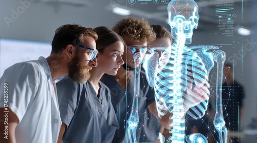 Medical students studying holographic skeleton model