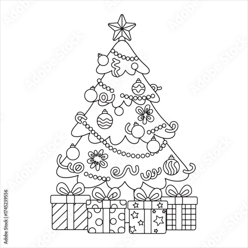 Christmas Tree Coloring Page with Gifts and Ornaments – Black and White Line Art