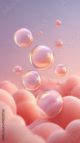 Soft pink clouds and shiny bubbles float in a serene sunset sky, creating a dreamy atmosphere