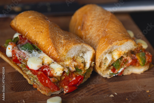 Sandwich with baked tomatoes, bell peppers and cheese