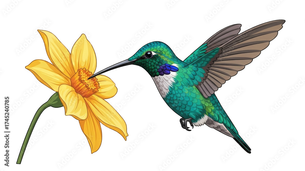 Obraz premium Hummingbird Feeding on Bright Yellow Flower in Nature (5)