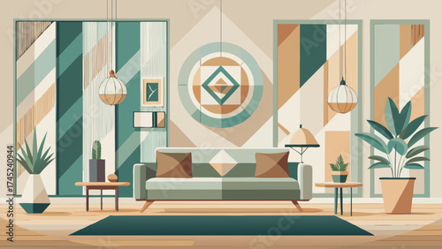 Minimal geometric wallpaper with soft symmetry and neutral tones, clean vector design symbolizing balance, simplicity, and contemporary elegance for modern interior walls.