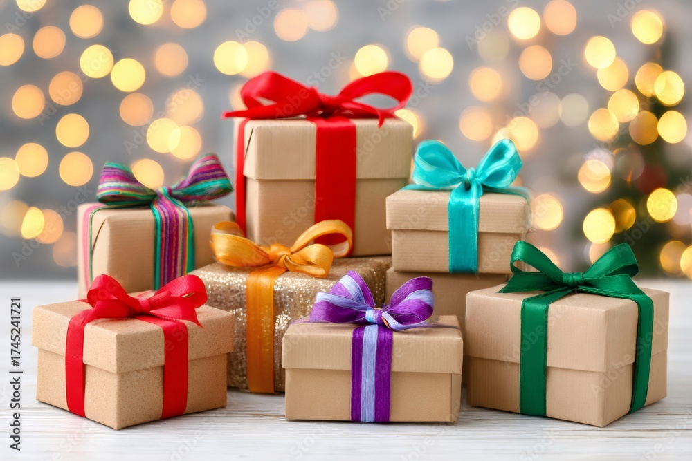 Fototapeta premium Gifts wrapped with colorful ribbons celebrating holiday season