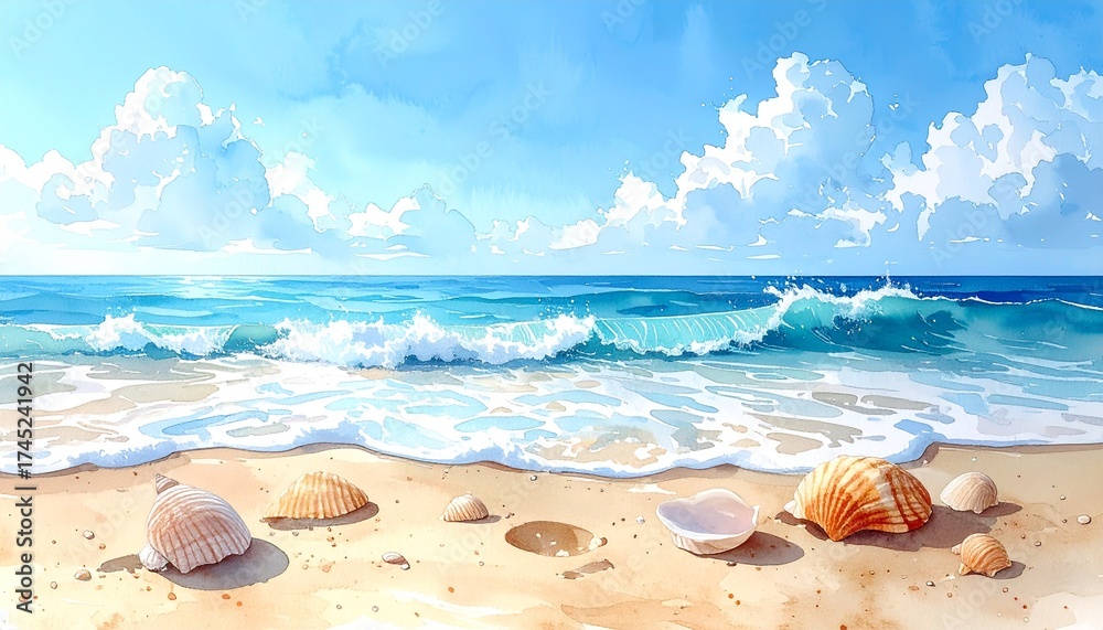 Obraz premium Peaceful Beach Shore with Gentle Ocean Waves in Watercolor Style