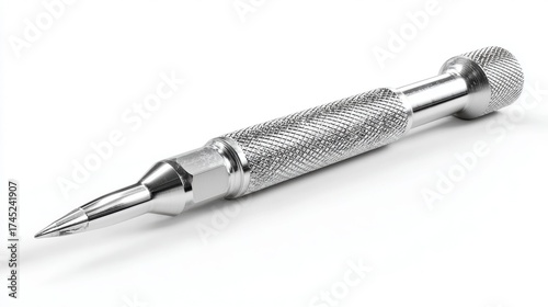 Professional metal automatic center punch tool with textured grip handle isolated on white background. Precision metalworking carpentry equipment for workshop projects