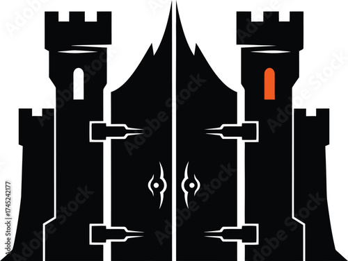 Black silhouette of a scary gothic castle or fortress gate with two fortified towers and a single orange light in a window, designed for a dark fantasy, medieval, or spooky halloween vector icon.