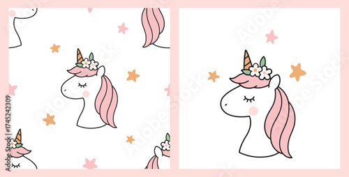 Pastel unicorn head with pink mane and floral crown, cute hand-drawn character with little stars on white, seamless pattern and single graphic for kids apparel, stickers and room decor