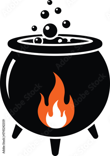 Simple black silhouette of a witch's cast iron cauldron on legs with a handle, featuring bubbling potion and an orange campfire flame underneath for a fun, minimalist, and spooky halloween vector.