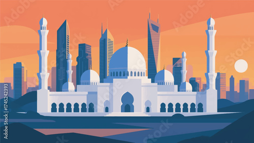 Illustration Of The Magnificent White Sheikh Zayed Mosque With Skyscrapers In The Background Vector Design Template