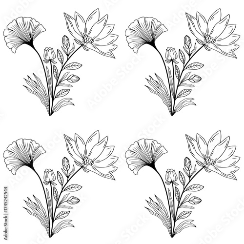 Botanical flower and leaf line art doodle seamless pattern elements vector illustration hand drawn