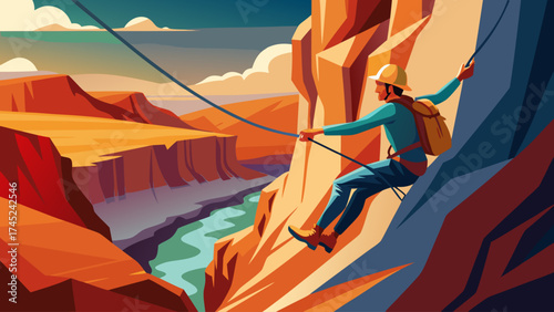 A man is climbing a rock face with a rope. The man is wearing a backpack and a helmet. The scene is set in a canyon with a river running through it