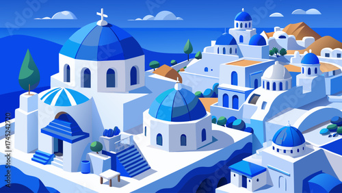 A blue and white drawing of a town with a blue church. The town is full of blue buildings and has a blue sky