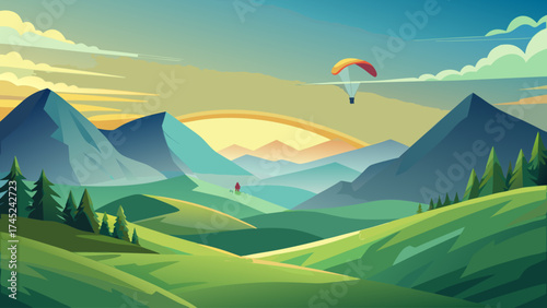 A mountain range with a red and yellow parachute flying in the sky. The sky is blue and the sun is setting