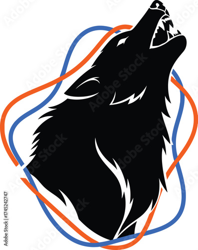 Фотография Aggressive black silhouette of a snarling wolf head howling to the sky, framed by dynamic, abstract, swirling lines in contrasting orange and blue for a modern, fierce, and powerful animal logo
