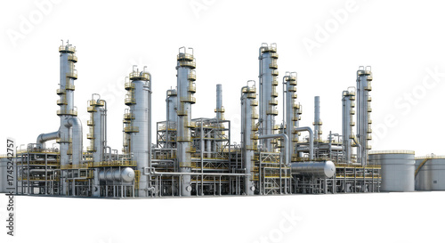 Industrial oil refinery complex with tall distillation towers isolated on transparent background