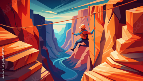 A man is crossing a rope bridge over a canyon. The man is wearing a backpack and he is in the middle of a climb. The scene is set in a mountainous area with a river running through the canyon