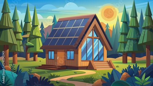 A house with a large sun shining on it. The house is surrounded by trees and has a large window