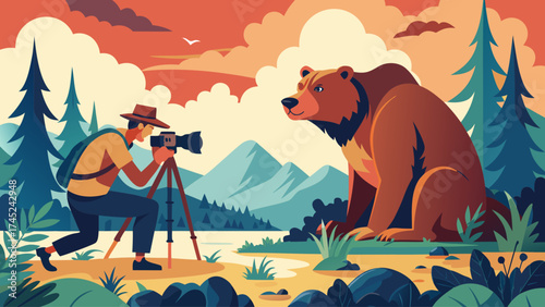 A man is taking a picture of a bear in the woods. The bear is sitting on the ground and looking at the camera. The man is holding a camera and a tripod. The scene is peaceful and serene, with the man