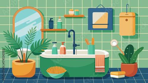 A bathroom with a green bathtub, a mirror, and a potted plant. The bathroom is decorated with various toiletries and a towel