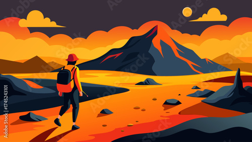 A man is walking in a desert with a backpack. The sky is orange and the mountains are in the background