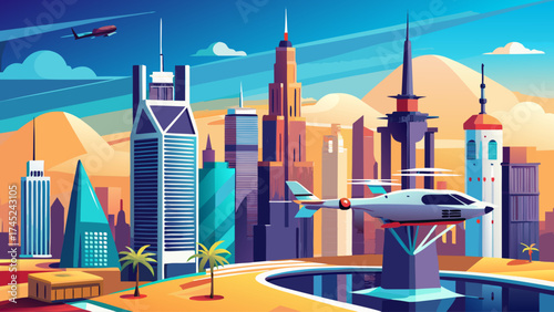 A cityscape with a helicopter flying over it. The city is full of tall buildings and a palm tree can be seen in the foreground. The sky is blue and the sun is shining brightly