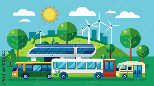A city scene with a bus, a car, and a truck. The bus is green and has a solar panel on the roof. The car is red and the truck is white. The sky is blue and there are trees in the background