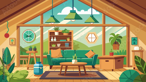 A living room with a green couch, a coffee table, and a potted plant. The room has a cozy and inviting atmosphere