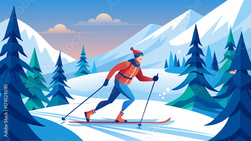 A man is skiing down a snowy mountain trail. The scene is peaceful and serene, with the skier surrounded by trees and mountains. The man is wearing a red jacket and blue pants