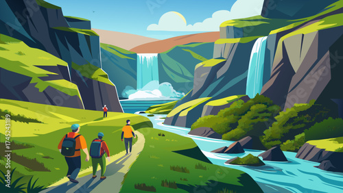 A group of people are walking down a path in a lush green valley. The scene is peaceful and serene, with a waterfall in the distance. The people are carrying backpacks